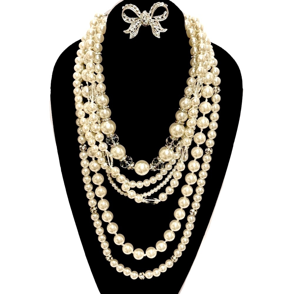 WHITE HOUSE BLACK MARKET | NWT | Pearl Statement Necklace w Silver Bow Brooch - Picture 2 of 8